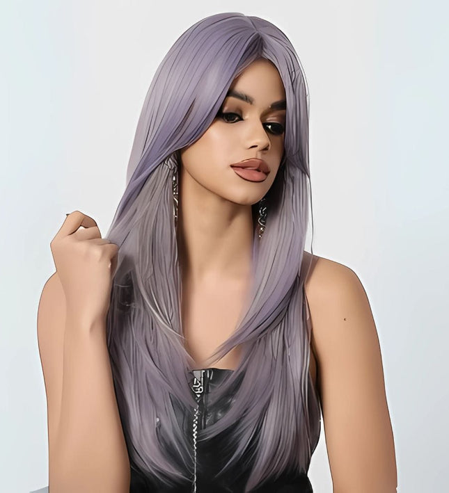 Perruque longue violette lisse en cheveux synthétiques pour un style moderne