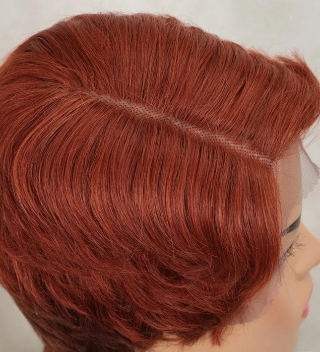 Perruque courte rousse en cheveux naturels sans colle pour un style moderne et élégant