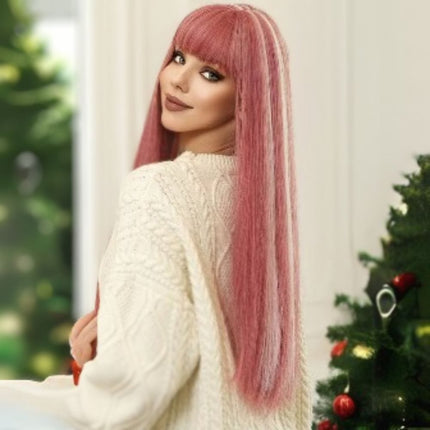 Perruque synthétique longue et lisse en rose pour un style moderne et audacieux