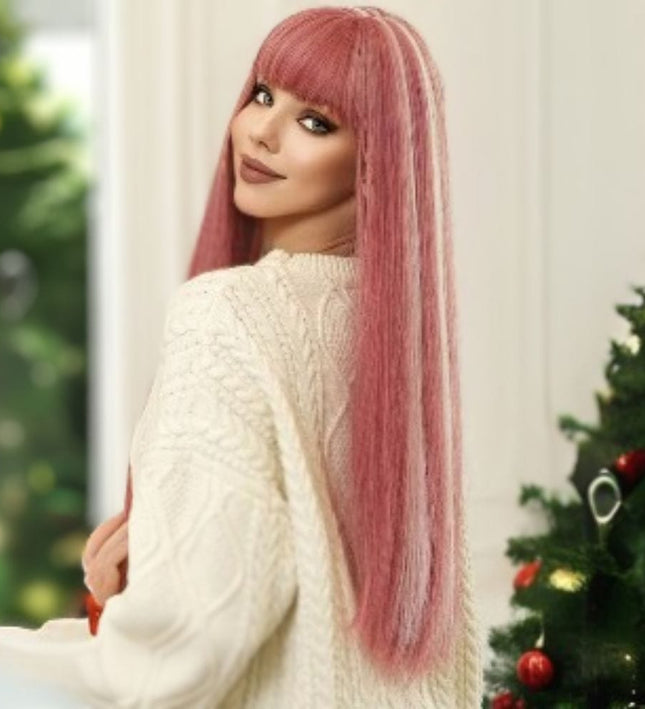 Perruque synthétique longue et lisse en rose pour un style moderne et audacieux