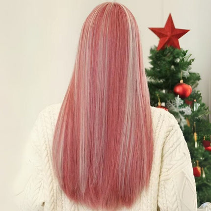 Perruque longue synthétique rose raide avec raie centrale, idéale pour un look moderne