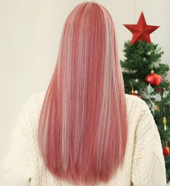 Perruque longue synthétique rose raide avec raie centrale, idéale pour un look moderne