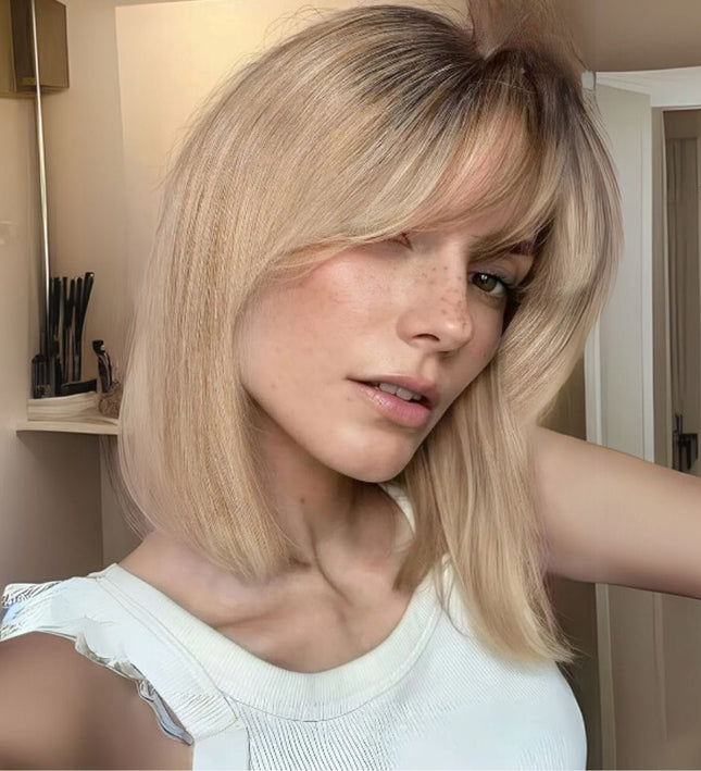 Perruque blonde longue avec frange légère pour un style doux et naturel