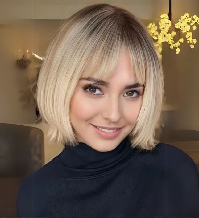 Perruque blonde naturelle style carré avec frange pour un look féminin et moderne