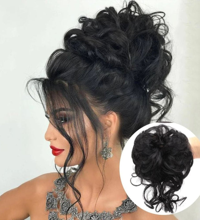 Postiche chignon bouclé synthétique noir pour coiffure élégante et volumineuse