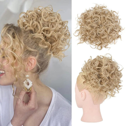 Postiche chignon bouclé mi-long en cheveux synthétiques blonds pour un look élégant