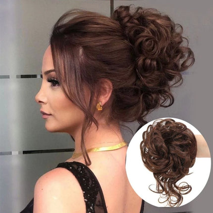 Postiche chignon bouclé marron en cheveux synthétiques pour coiffure élégante