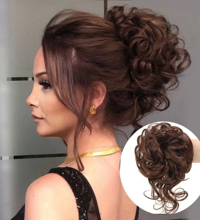 Postiche chignon bouclé marron en cheveux synthétiques pour coiffure élégante