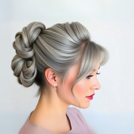 Postiche élégant chignon bouclé gris en cheveux synthétiques pour une coiffure sophistiquée