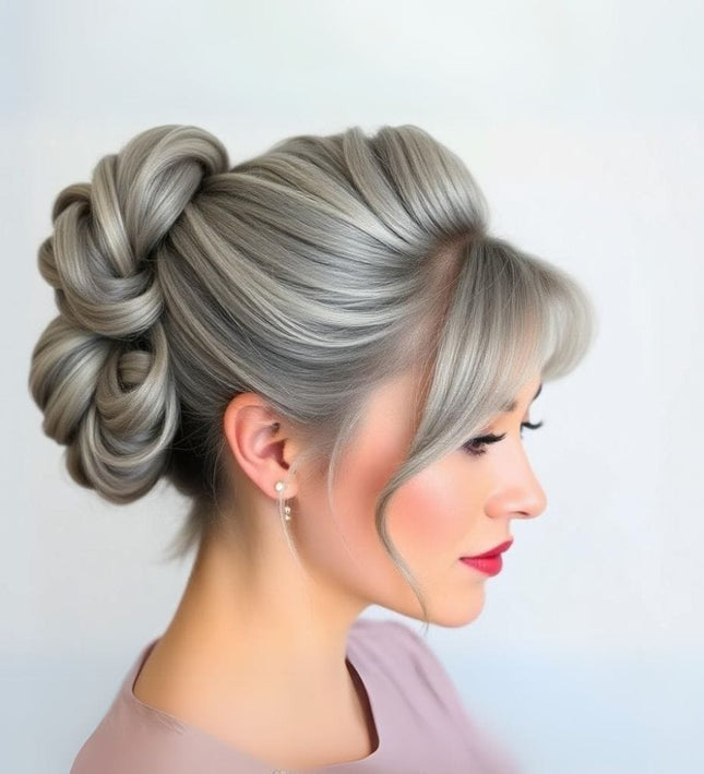 Postiche élégant chignon bouclé gris en cheveux synthétiques pour une coiffure sophistiquée