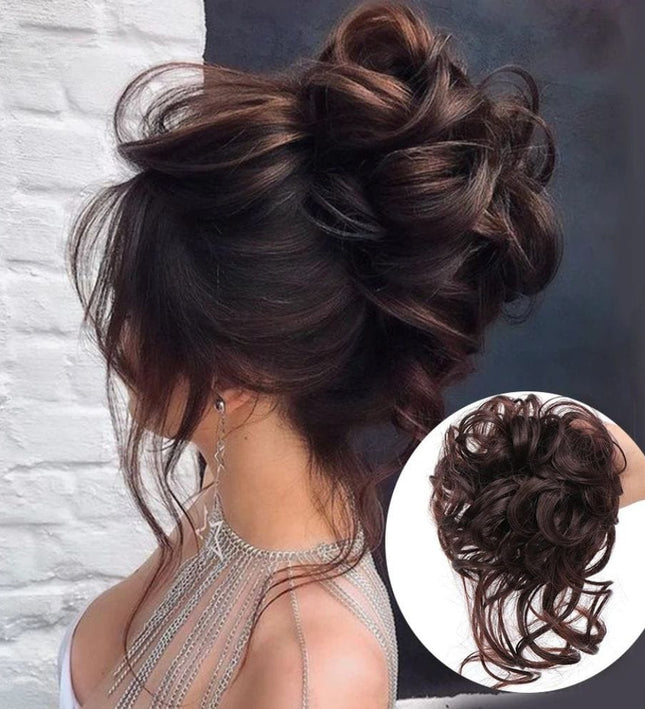 Postiche volumineux chignon bouclé en cheveux synthétiques brun pour un look élégant