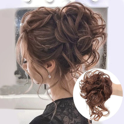 Postiche chignon volumineux en cheveux synthétiques bouclés brun pour un style élégant