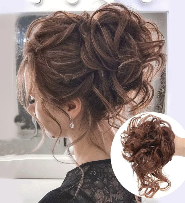 Postiche chignon volumineux en cheveux synthétiques bouclés brun pour un style élégant