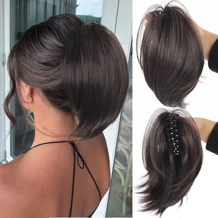 Postiche chignon court et brillant en cheveux synthétiques pour un style élégant et moderne.