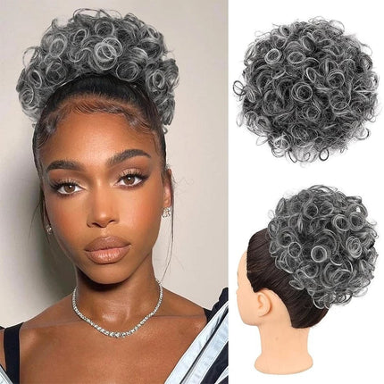 Postiche chignon curly gris en cheveux synthétiques facile à clipser pour un look élégant