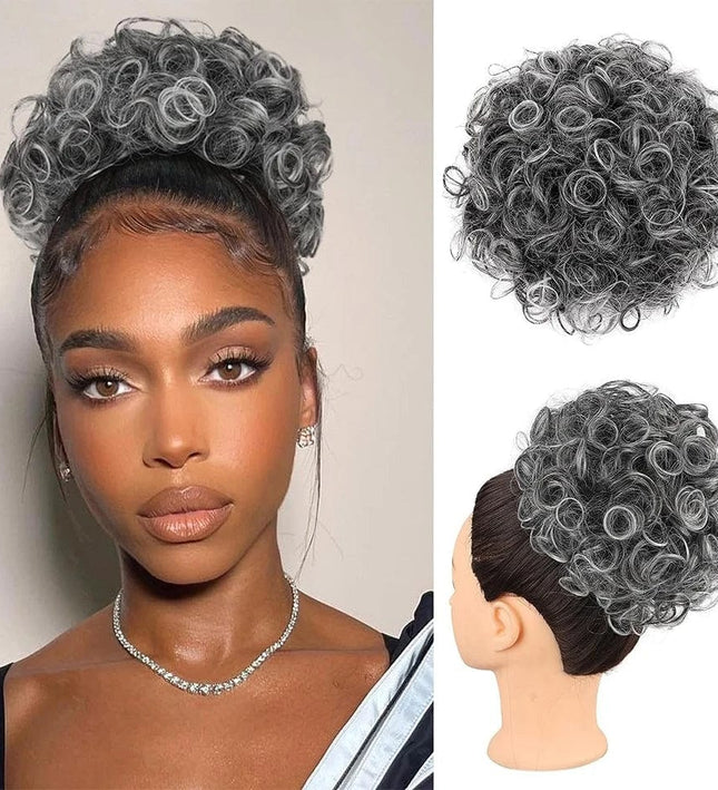 Postiche chignon curly gris en cheveux synthétiques facile à clipser pour un look élégant