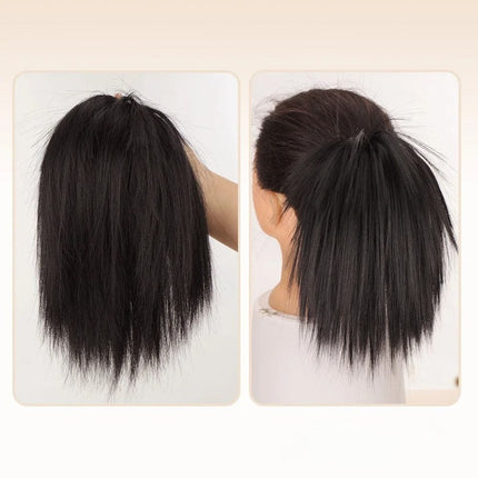 Postiche chignon donut raide noir en cheveux synthétiques pour un look élégant et moderne