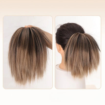 Postiche chignon donut synthétique raide couleur châtain avec mèches blondes pour femme