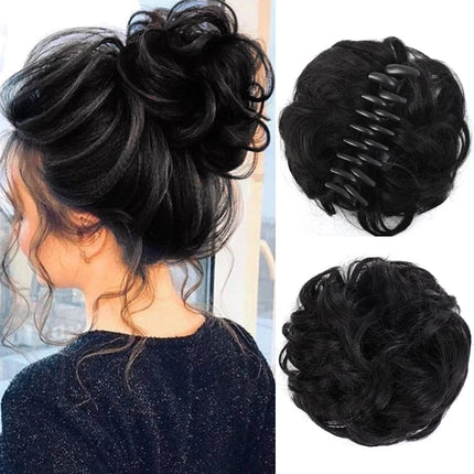 Postiche chignon noir en cheveux synthétiques avec pince pour un style élégant et pratique