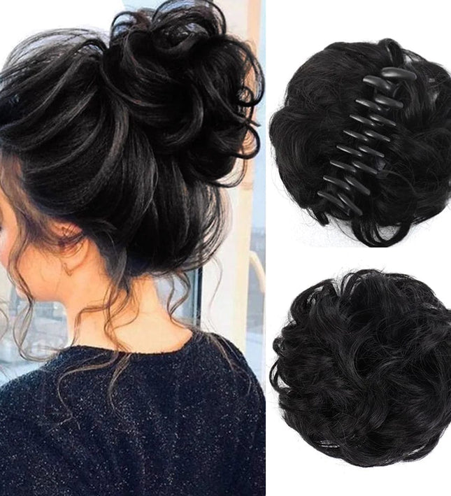 Postiche chignon noir en cheveux synthétiques avec pince pour un style élégant et pratique