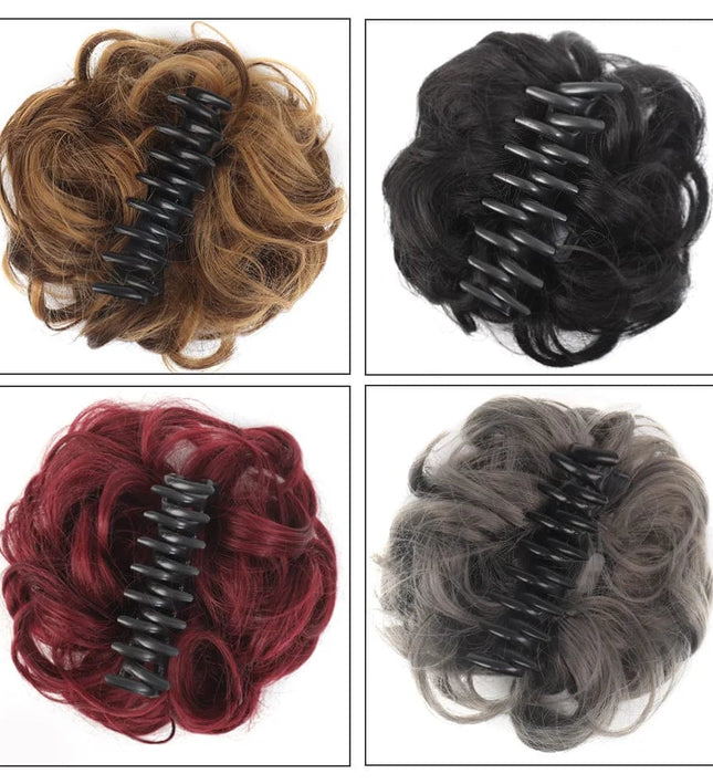 Postiche chignon synthétique à pince, différentes couleurs disponibles pour coiffure stylée.