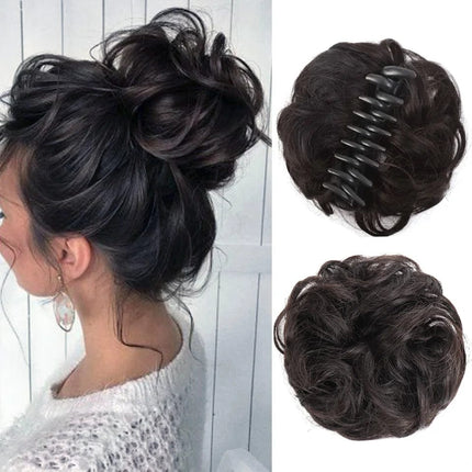 Postiche chignon élégant attaché sur pince à griffes en cheveux synthétiques bruns foncés