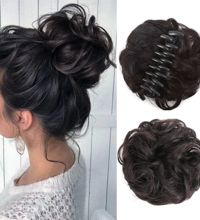 Postiche chignon élégant attaché sur pince à griffes en cheveux synthétiques bruns foncés