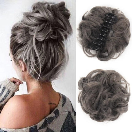 Postiche chignon en cheveux synthétiques gris avec pince à griffes pour coiffure élégante