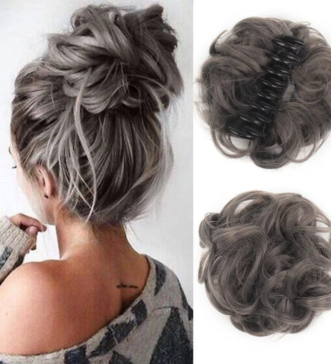 Postiche chignon en cheveux synthétiques gris avec pince à griffes pour coiffure élégante