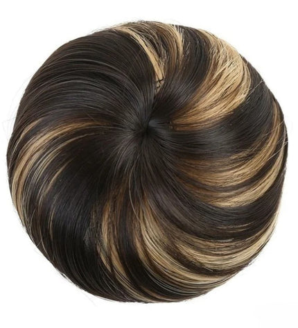 Postiche chignon rond en cheveux synthétiques bicolores avec clips et élastique facile à poser
