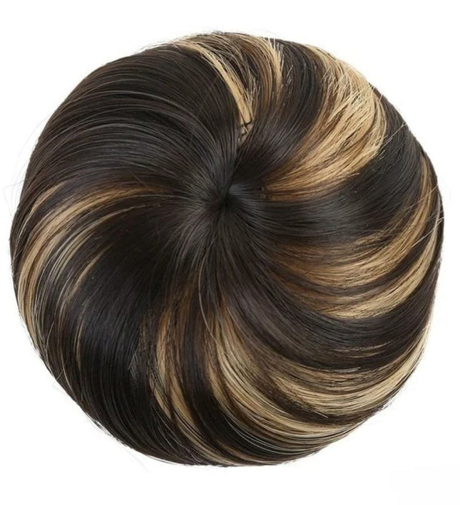 Postiche chignon rond en cheveux synthétiques bicolores avec clips et élastique facile à poser