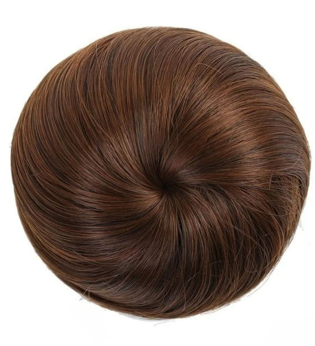 Postiche chignon brun synthétique avec clips et élastique pour coiffure élégante