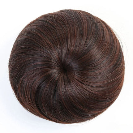 Postiche chignon rond en cheveux synthétiques brun avec clips et élastique intégré