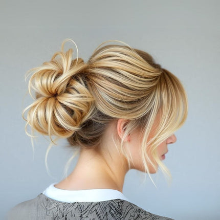 Postiche chignon blond en fibres synthétiques sur élastique pour coiffure élégante et pratique.