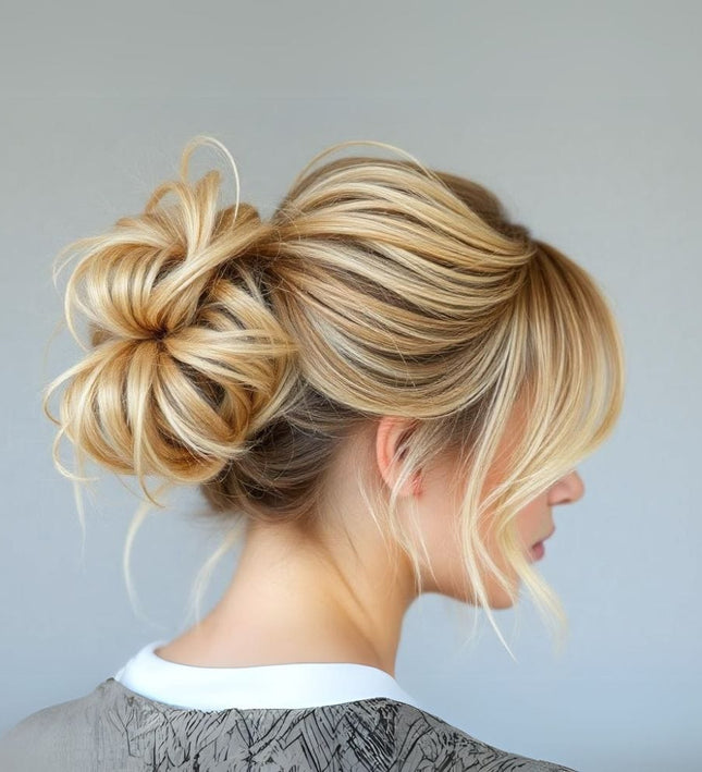 Postiche chignon blond en fibres synthétiques sur élastique pour coiffure élégante et pratique.