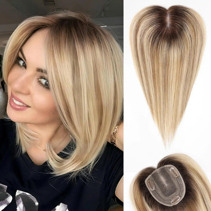 Perruque mi-longue ombrée blonde en cheveux naturels avec clips pour femme élégante