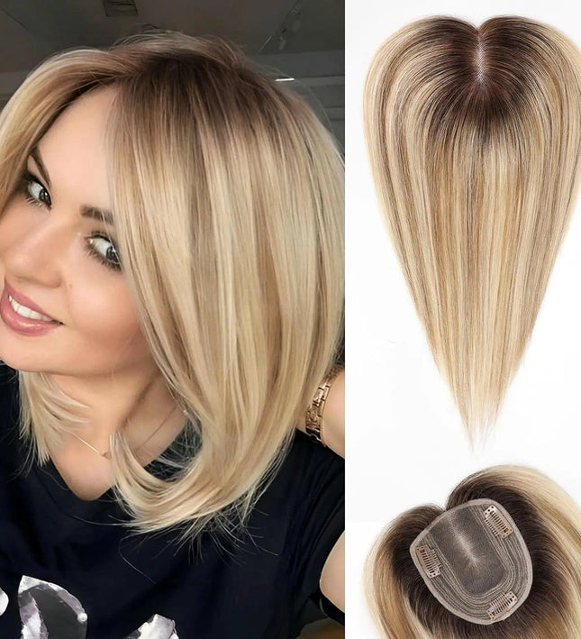 Perruque mi-longue ombrée blonde en cheveux naturels avec clips pour femme élégante