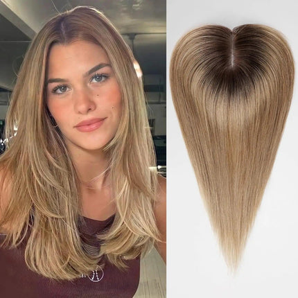 Extension de cheveux blonds naturels raides à clips avec racines ombrées pour femme.