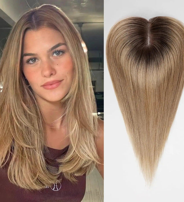 Extension de cheveux blonds naturels raides à clips avec racines ombrées pour femme.