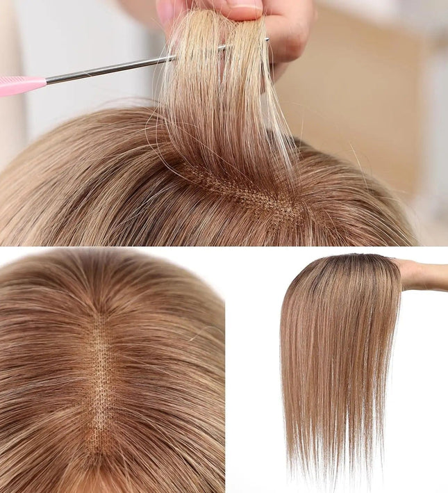 Postiche cheveux naturels raides à clips pour femme, aspect lisse et discret.