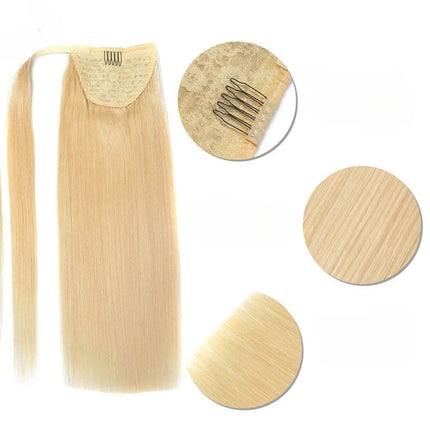 Postiche queue-de-cheval blonde raide en cheveux naturels facile à clipser pour femmes