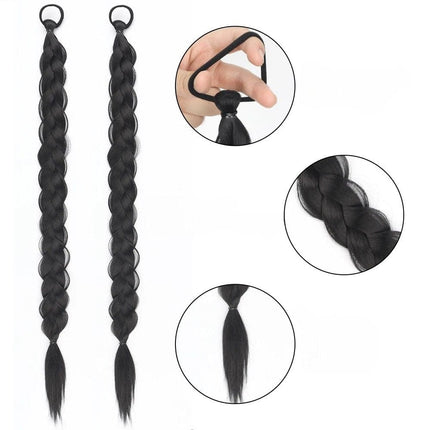 Postiche queue de cheval tressée longue en cheveux synthétiques noirs pour femme