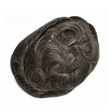 Toupet en cheveux naturels gris pour homme, ajout discret et réaliste pour une chevelure élégante.