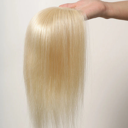 Toupet blond platine en cheveux naturels pour femme, finition lisse et éclatante