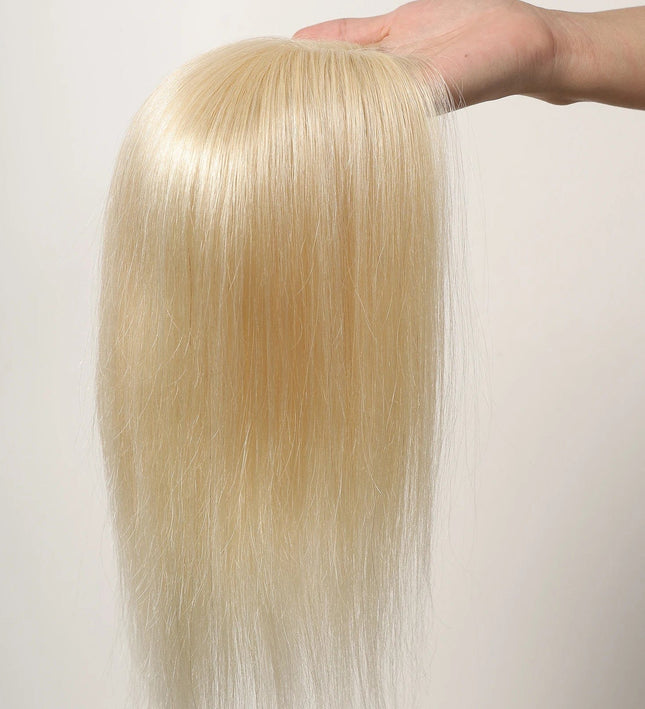 Toupet blond platine en cheveux naturels pour femme, finition lisse et éclatante