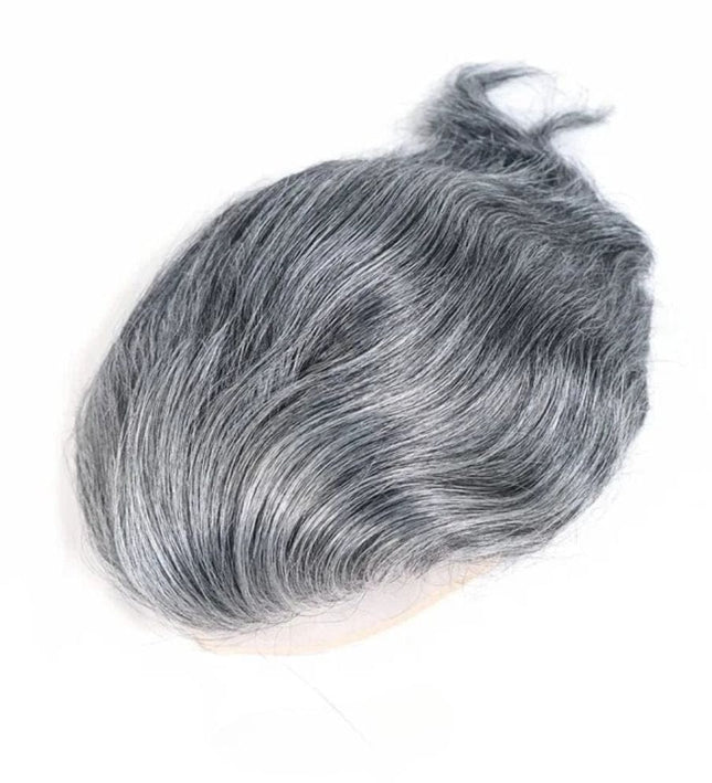 Toupet mi-long en cheveux naturels gris pour un look discret et élégant