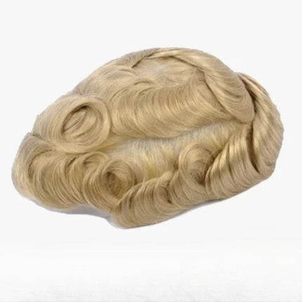 Toupet élégant en cheveux humains blonds bouclés pour hommes, style rétro sophistiqué