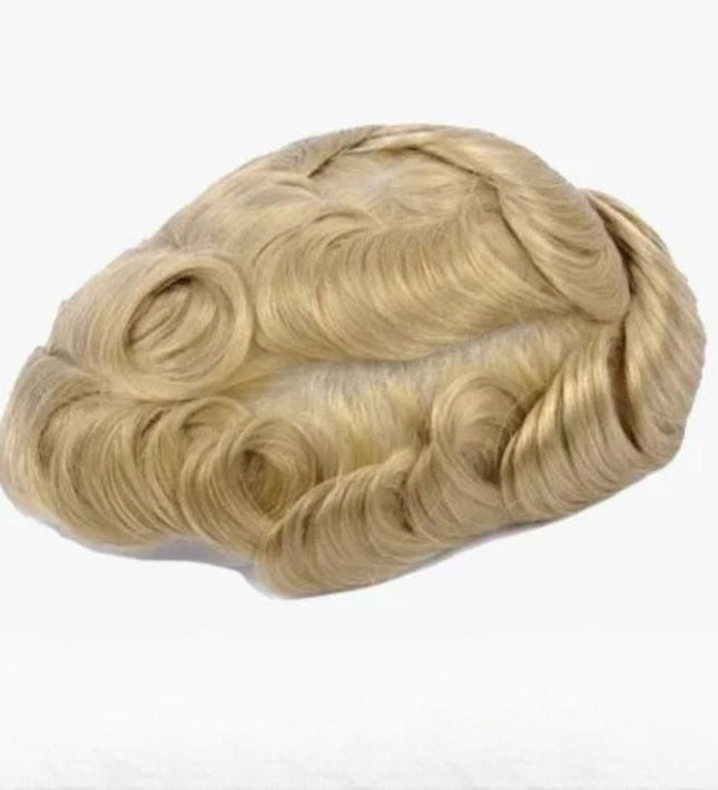 Toupet élégant en cheveux humains blonds bouclés pour hommes, style rétro sophistiqué