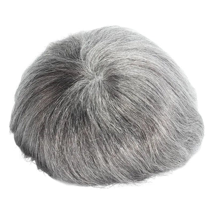 Toupet court en cheveux naturels gris pour homme, aspect réaliste et élégant.