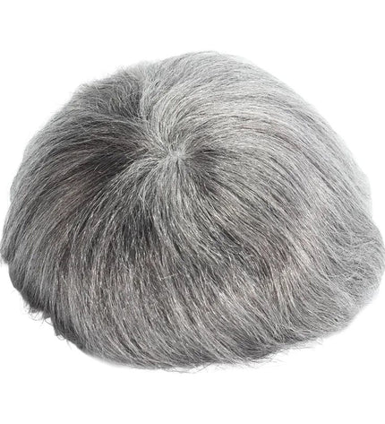 Toupet court en cheveux naturels gris pour homme, aspect réaliste et élégant.